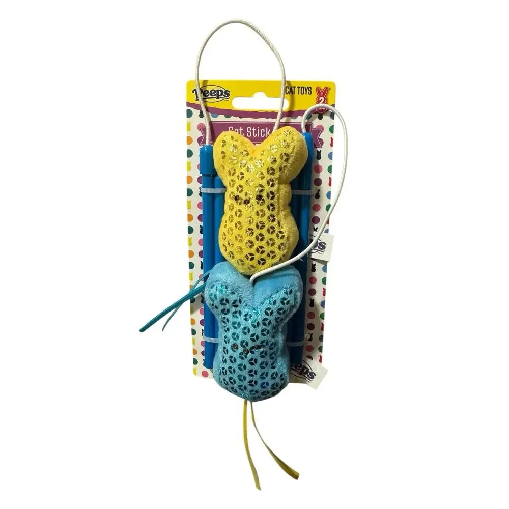 Peeps Just Born Cat Stick Rattle Blue & Yellow Bunnies Pet Toy NWT